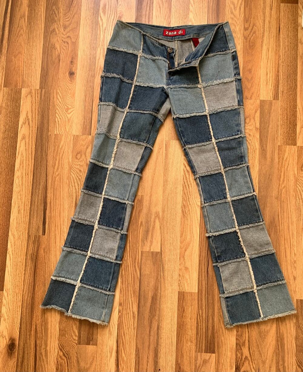 Hip Huggers Low Rise Jeans 90’s Zana Di Patchwork Denim 7 Flare Leg Bootcut Rare